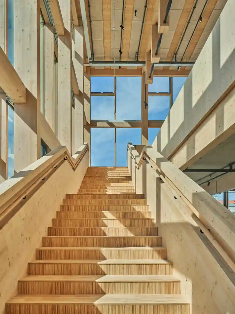 wide wooden stairway in the building which won the 2022 Award for Wood Architecture, designed by Sara Kulturhus in Skellefteå 